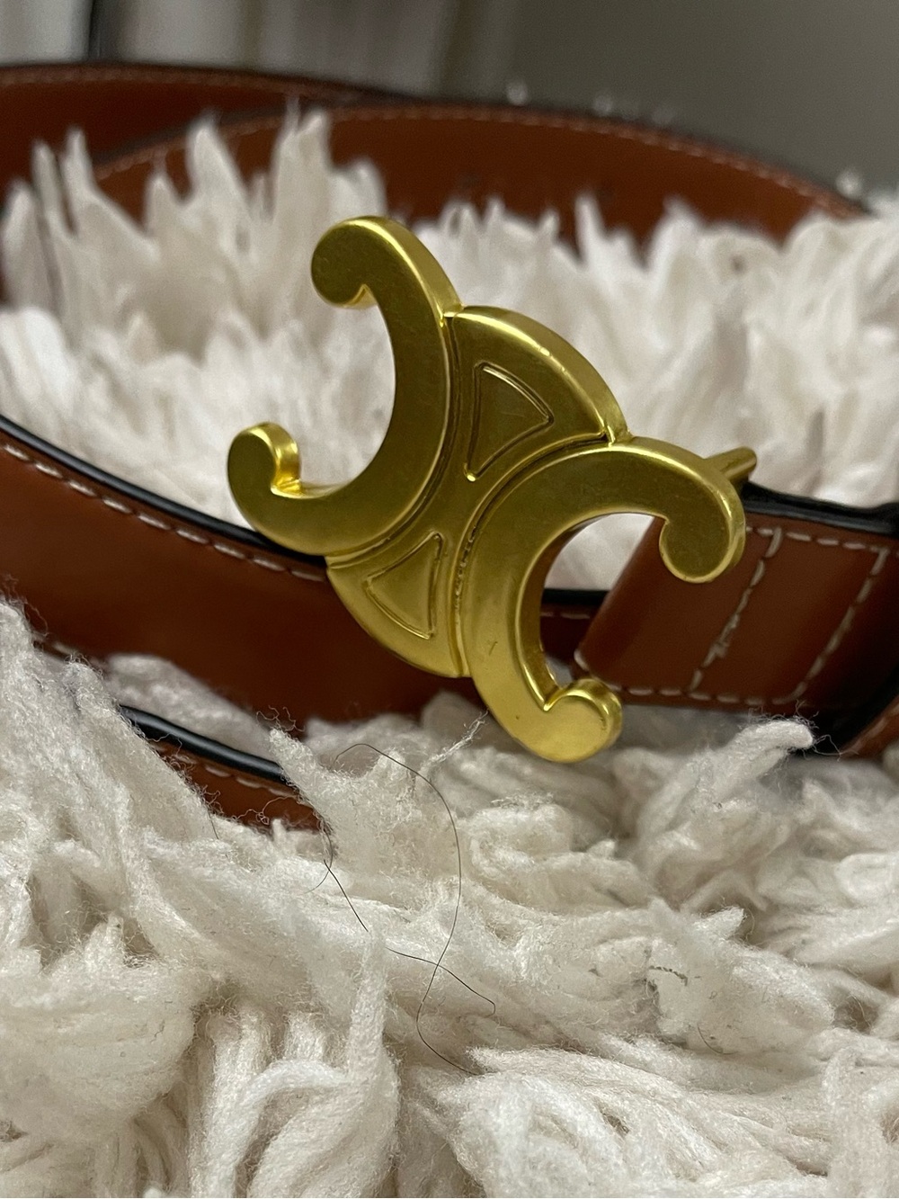 Tan Leather Women's Belt with Gold Double-Crescent Buckle - Picture 2 of 9